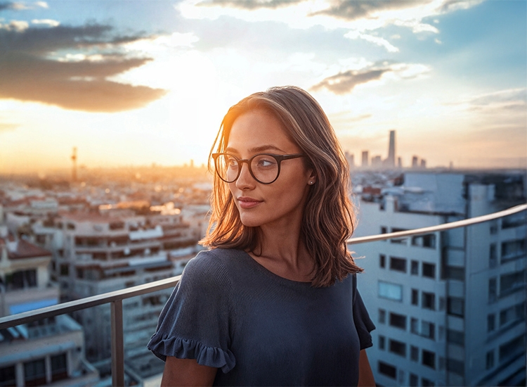 Woman with glasses looking into distance