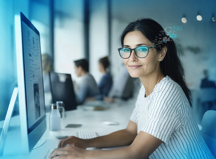 Senhora com lentes de óculos da Rodenstock sentado em uma mesa diante do computador